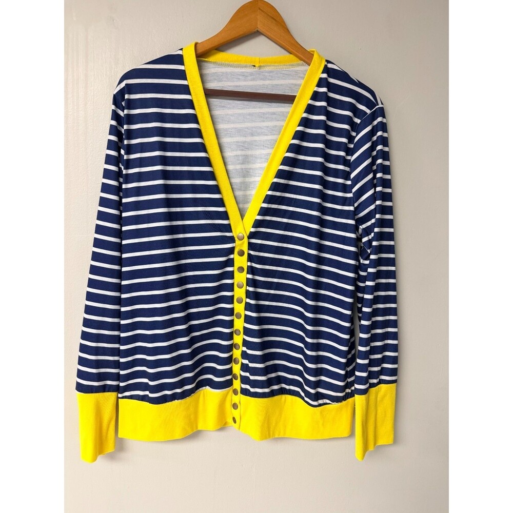 Womens XL Navy White Striped Cardigan Yellow Trim Snap Front Long Sleeve
